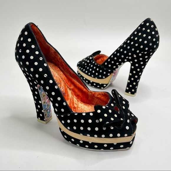 IRREGULAR Choice Black White Velvet Retro Pin-up Polka Dot Peeptoe Platform Heel - Picture 1 of 15